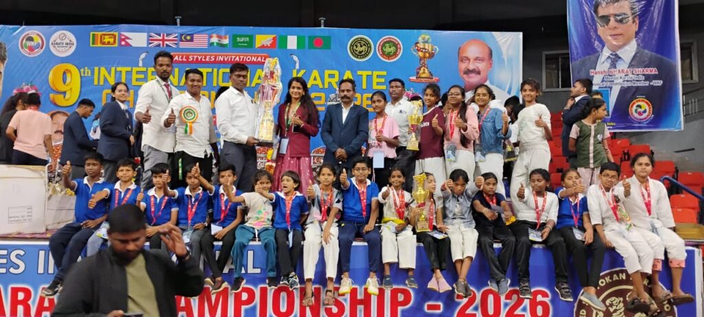 Stanford School students winning trophies at International Karate Championship